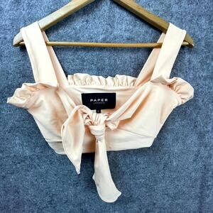 Paper London Cropped Twist Top Womens Small Beige‎ Beachy Ruffle Knotted Front